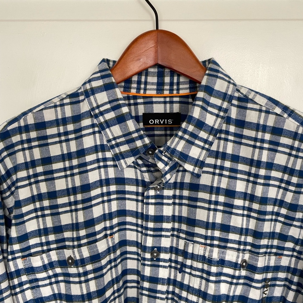 Orvis Men's Flat Creek Tech Flannel Large EUC Blue Plaid Rugged